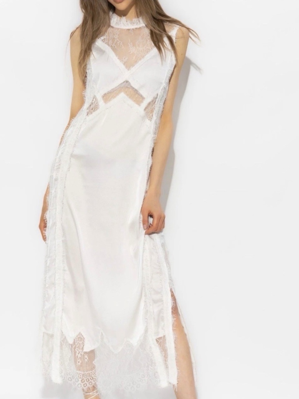 All Saints Mila White Lace Satin Sheath Dress Fringe Sheer Midi UK12 US8 EU40